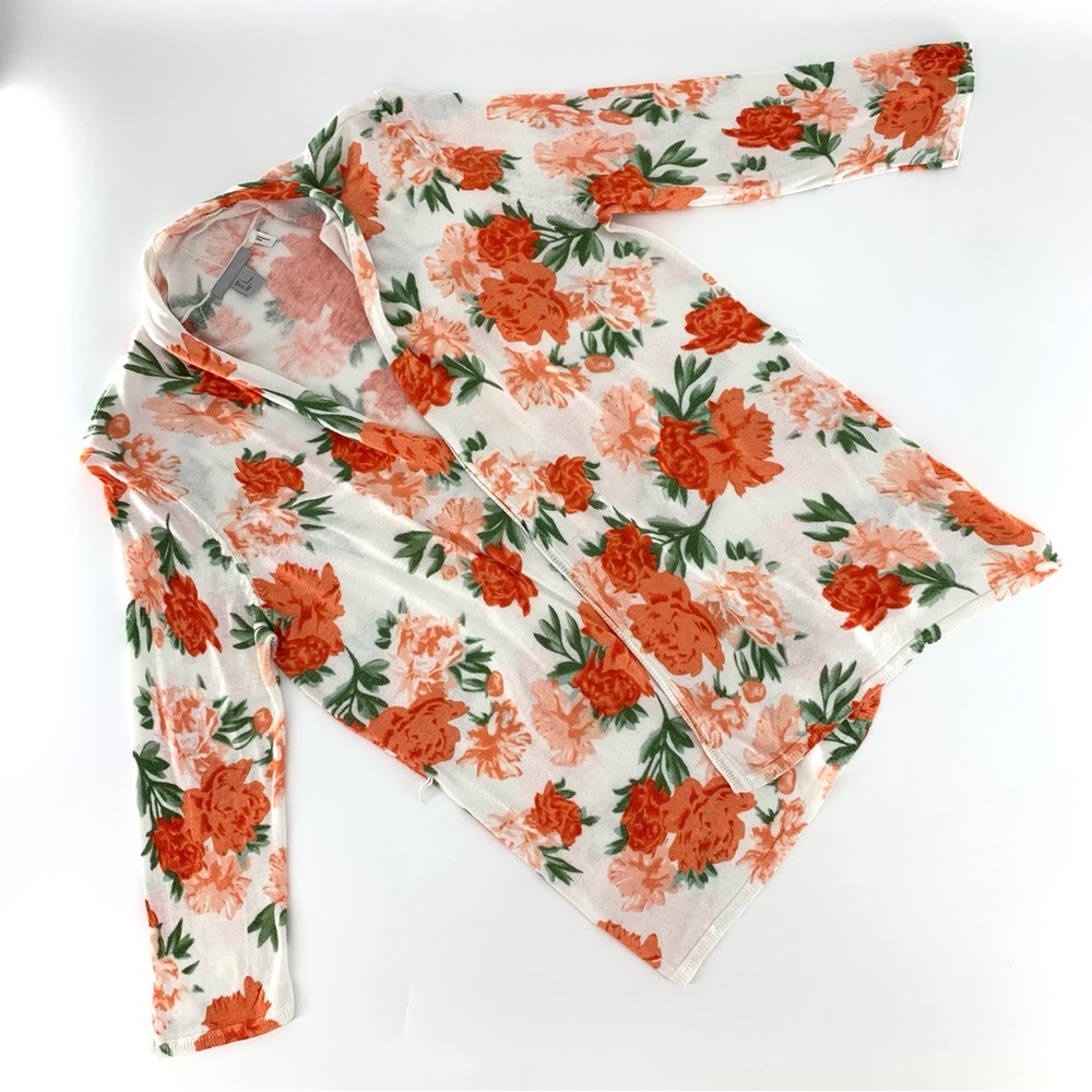 H&M Orange Floral 3/4 Sleeve Open Front Lightweight Knit Cardigan, Large